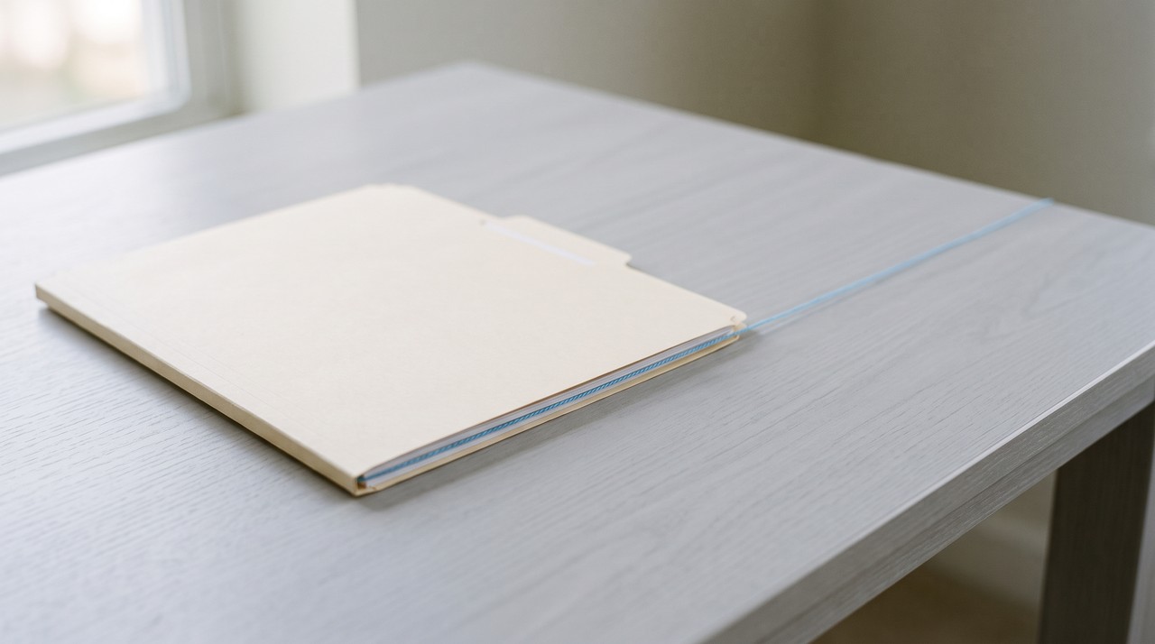 A closed buff folder of printed spreadsheet pages on a pale desk with a thin blue thread running out of it and off the desk