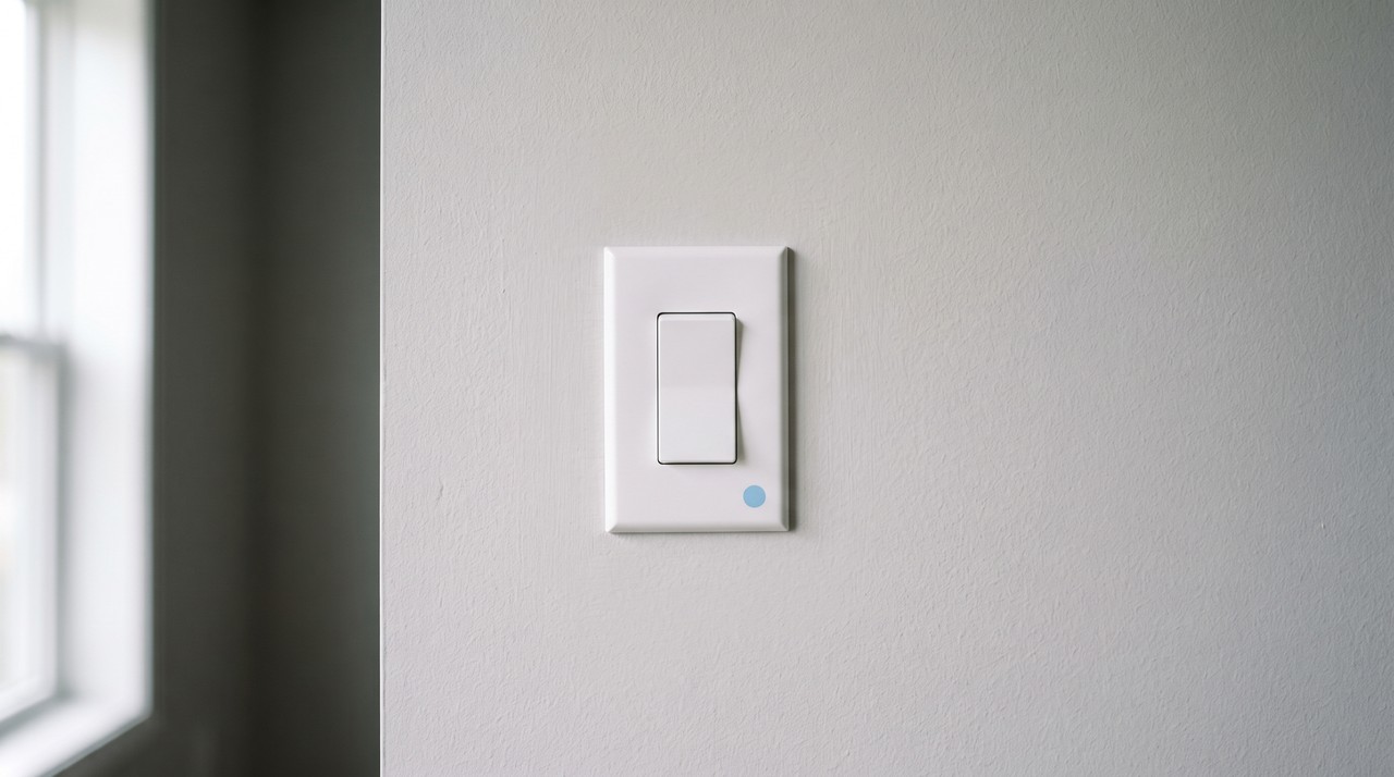 A single white light switch on a pale grey wall beside a window, with a small blue dot on its plate