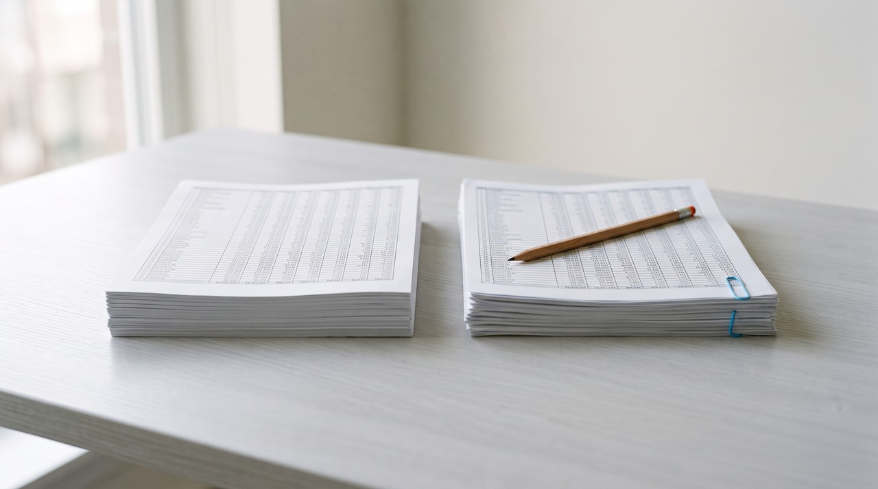 Two identical stacks of printed spreadsheet pages on a pale desk, the right one with a pencil and a blue paper clip
