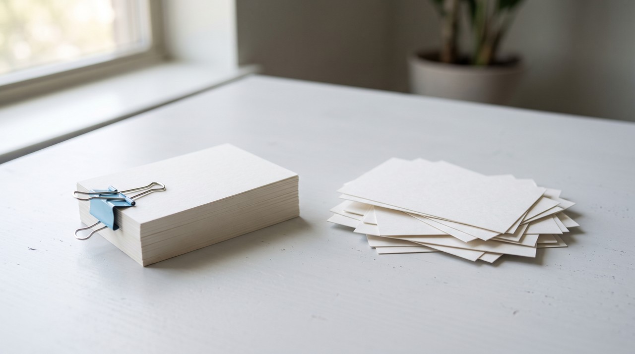 A neat stack of index cards beside a messy pile of the same cards on a grey desk