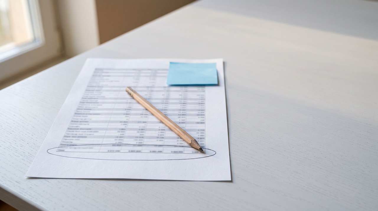 A printed spreadsheet on a desk with a pencil circle drawn around the bottom total row