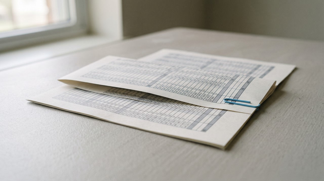 A printed spreadsheet folded so a band of rows is hidden, held with a blue paper clip