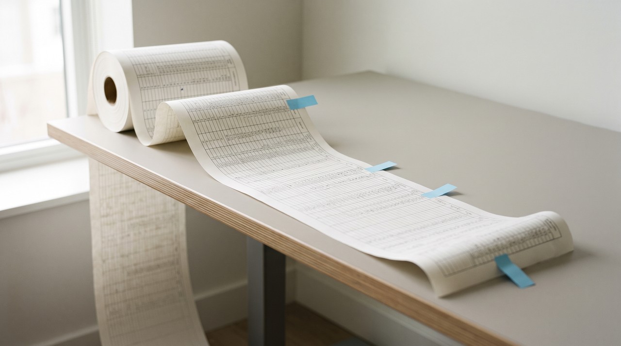 A long table printout running off a desk with blue tabs on a top, middle and last row