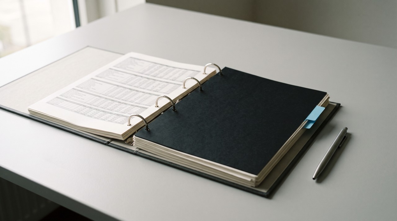 An open ring binder of printed spreadsheet pages on a pale desk with one solid black page in the middle of the stack