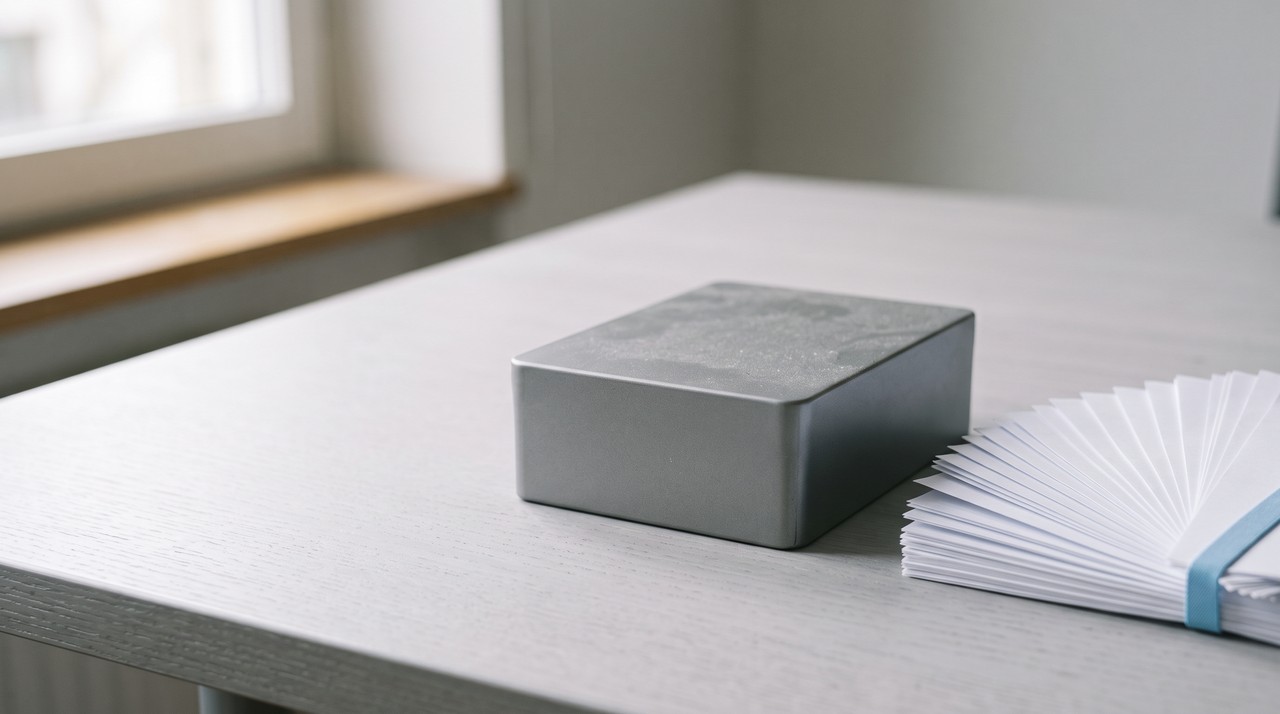 A small sealed grey metal box with dust on its lid on a pale desk, beside a fan of clean blank pages held by a blue band