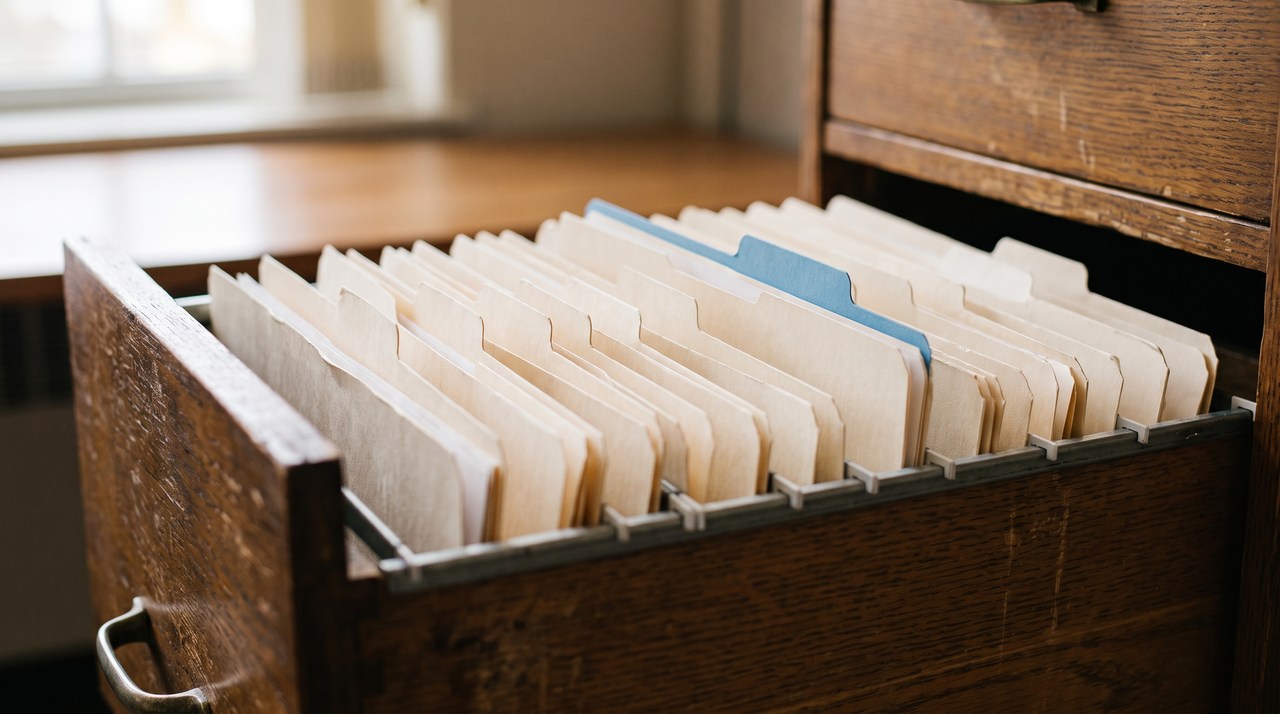 A row of plain paper file folders in an open drawer, one with a soft blue tab sticking up