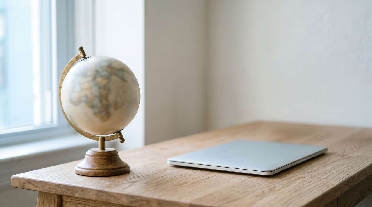 A small desk globe standing next to a closed laptop on a light desk in soft window light
