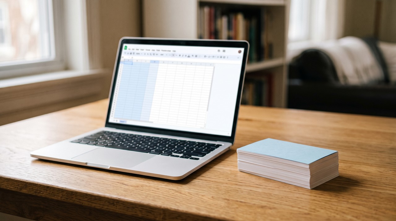 A laptop on a wooden desk with a blurred spreadsheet and side panel on screen, a small stack of blank index cards beside it
