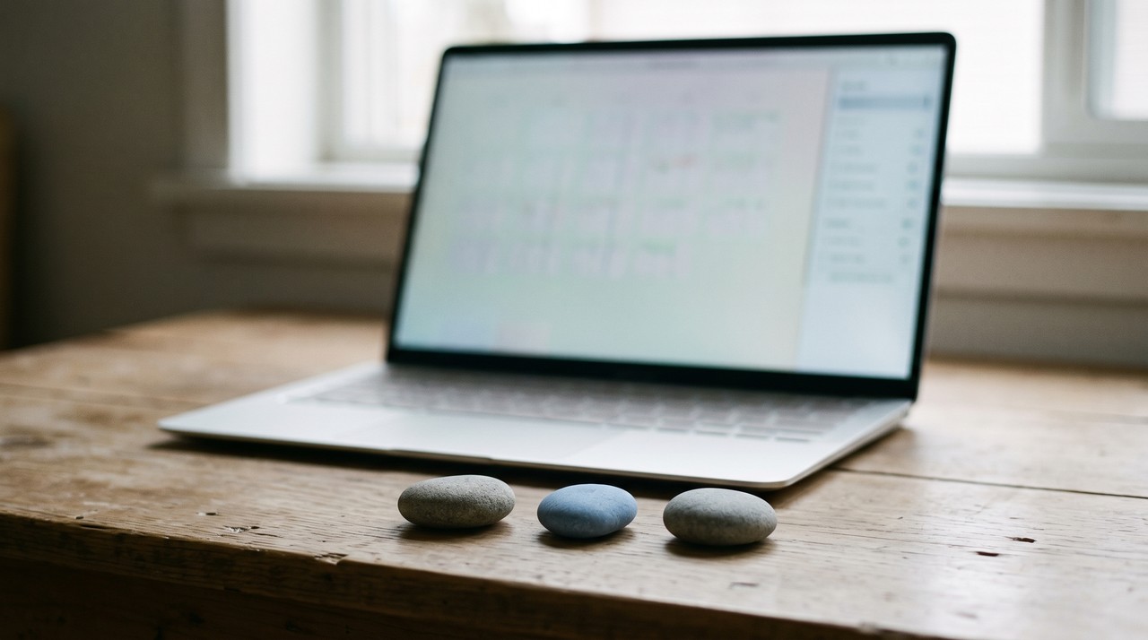 A laptop on a wooden desk with a blurred spreadsheet and side panel on screen, three small stones in front, one of them blue