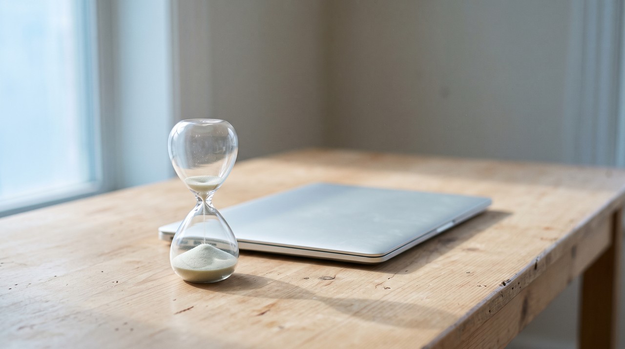 A small hourglass with most of its sand run out, standing next to a closed laptop