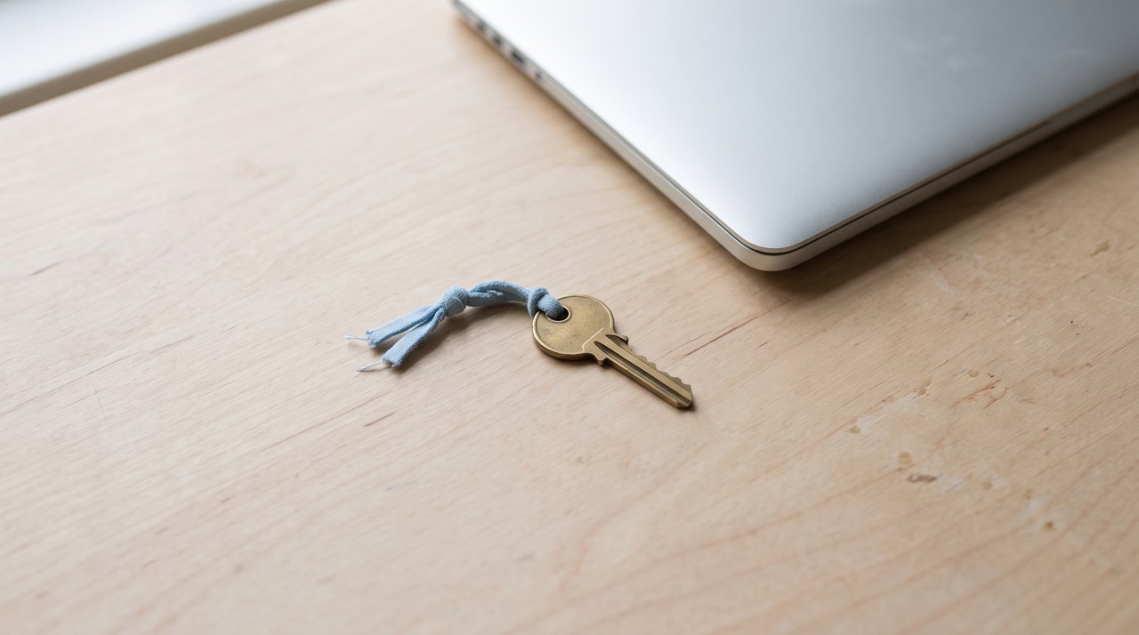 A brass key with a blue cord lying on a pale desk beside a closed laptop