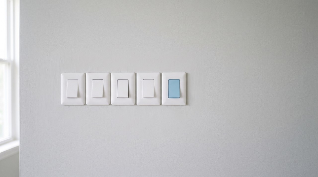 A row of white light switches on a pale wall, all flipped the same way, the last one soft blue