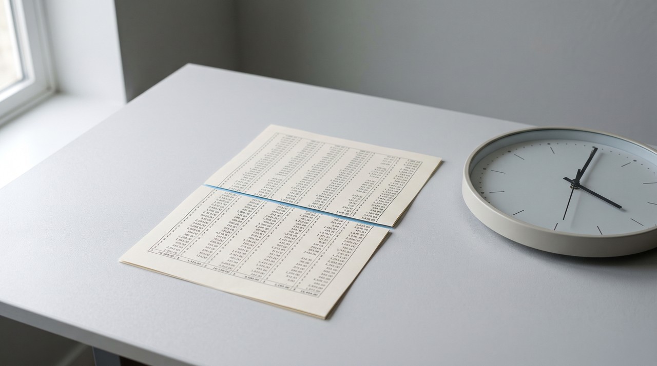 A printed page of figures on a pale desk beside a round wall clock, one thin blue line cut across the page