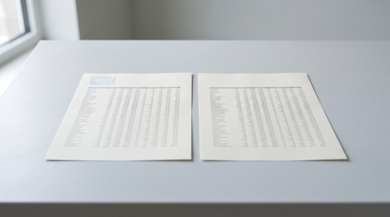 Two printed sheets of figures on a pale desk, the left with a small blue date stamp, the right corner blank