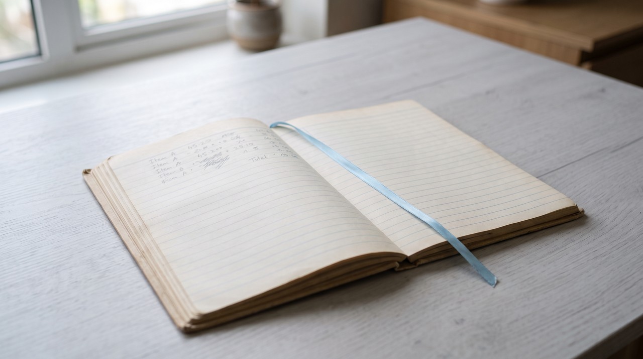 An open paper ledger on a pale desk, the first lines pencilled in and the rest blank, a blue ribbon across the page