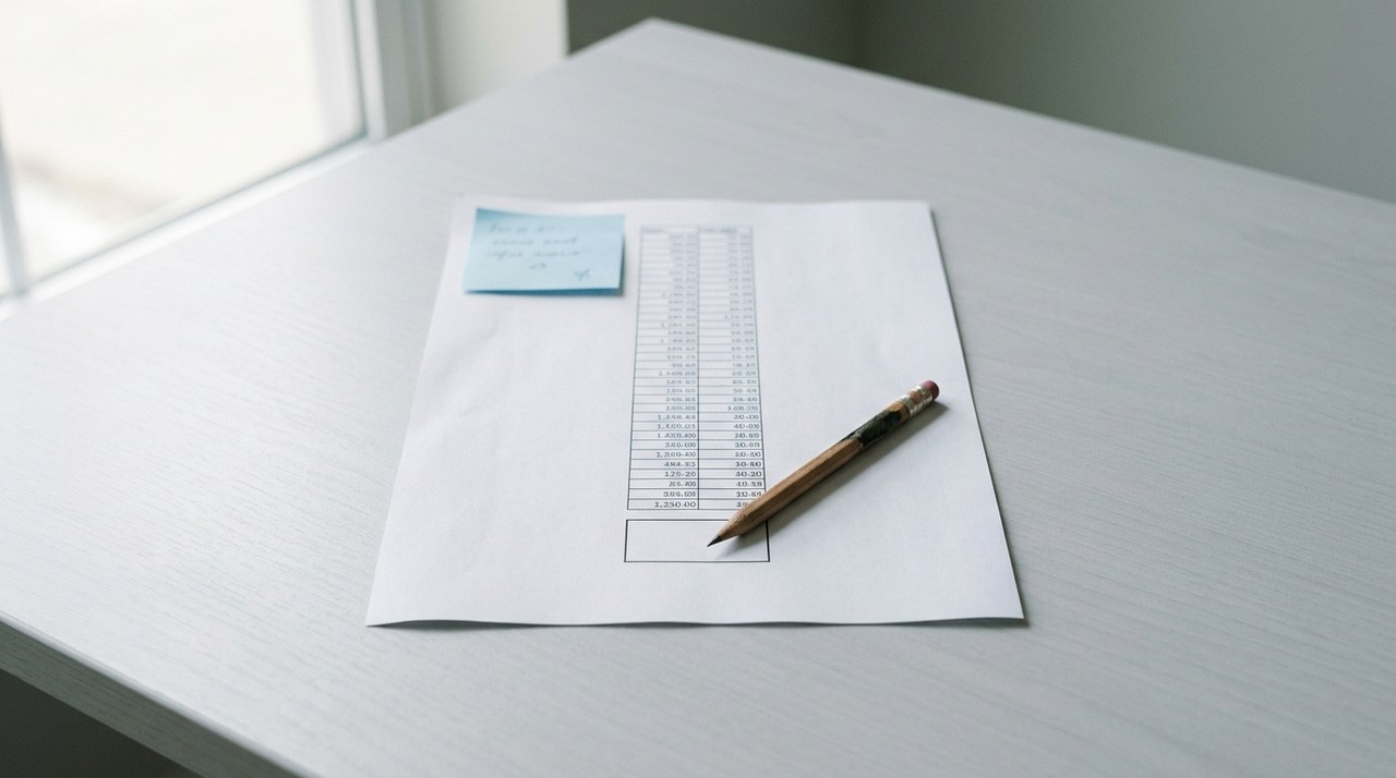 A printed column of figures on a desk with the bottom total cell left empty and a pencil resting in it