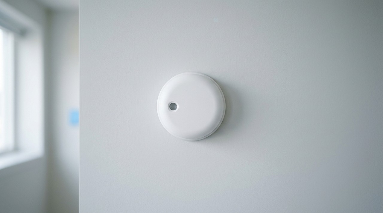 A plain white smoke alarm on a pale grey wall with its indicator light dark and unlit