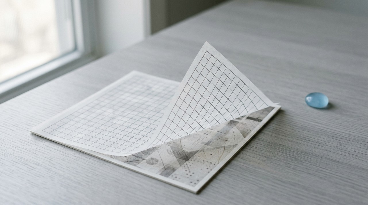 Tracing paper over a printed card showing a different pattern underneath, one corner lifted