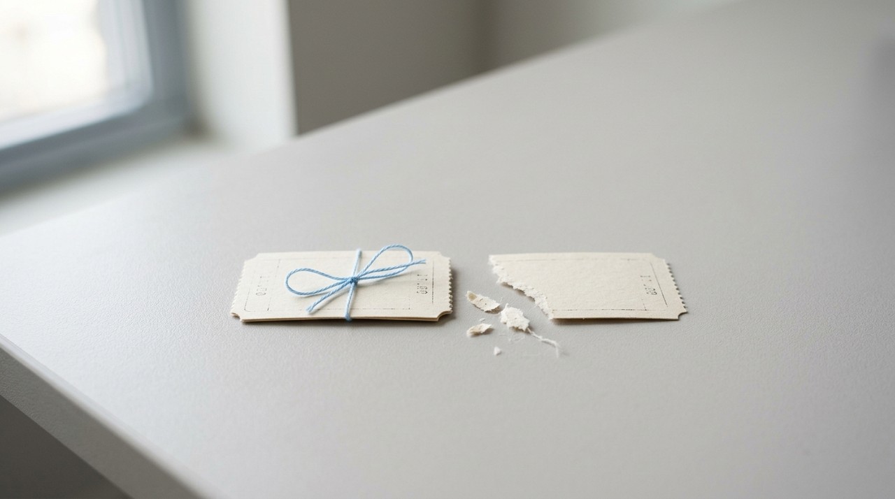 Two small paper tickets side by side, the right one with its left edge torn away