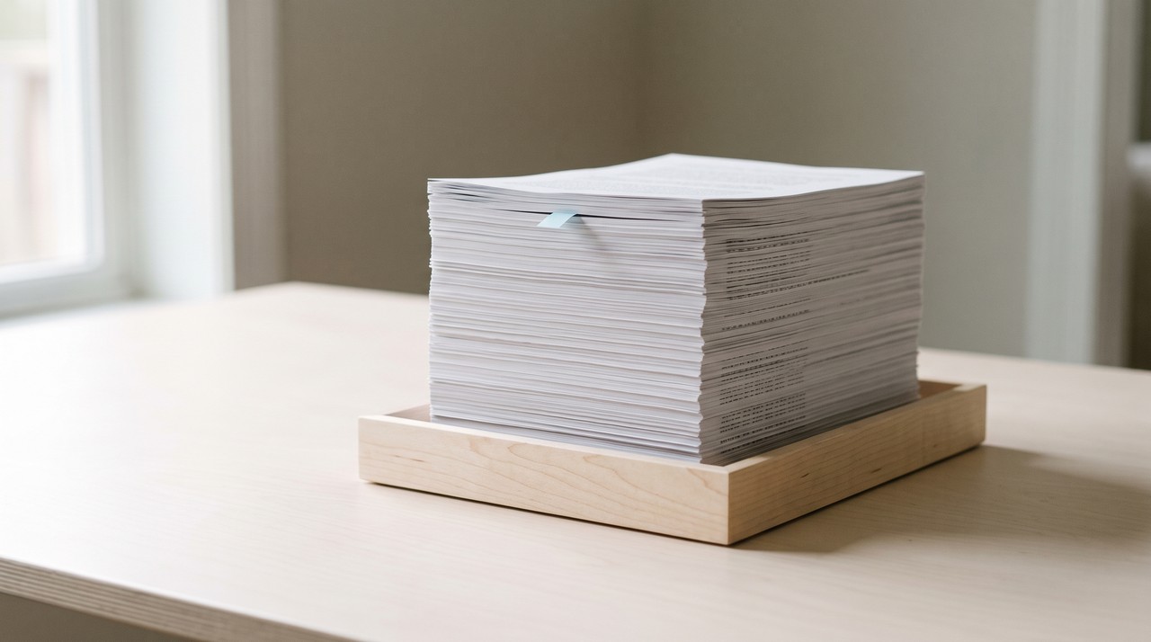 A tall stack of white paper standing in a shallow wooden tray on a desk, with one small blue tab near the top