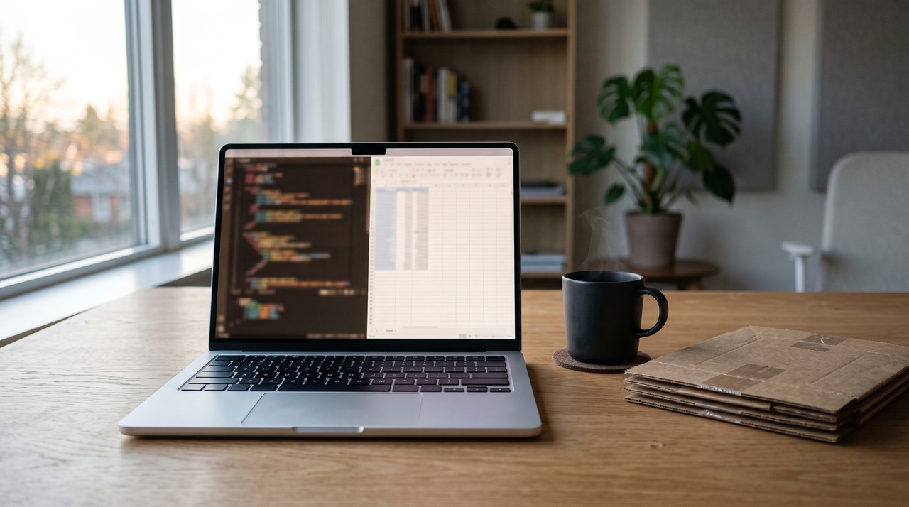 A new laptop on a wooden desk with a blurred code editor and spreadsheet on screen, an empty laptop box beside it
