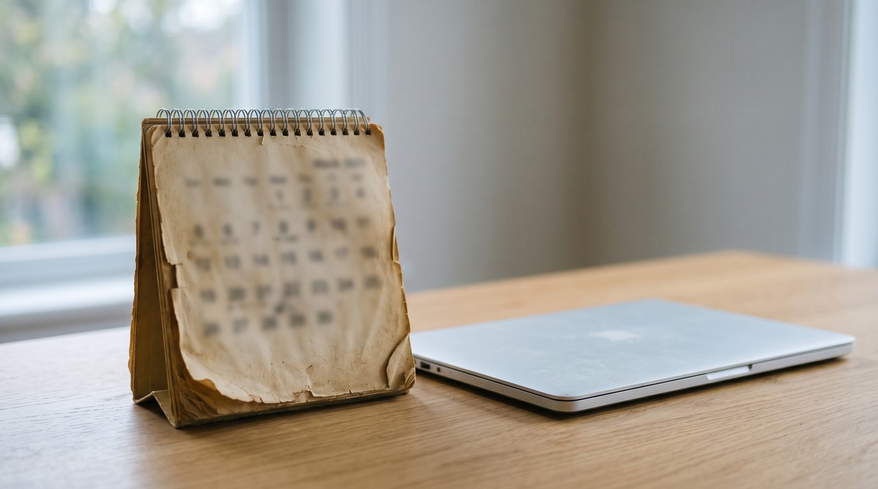 An old yellowed paper desk calendar standing next to a closed modern laptop on a light desk