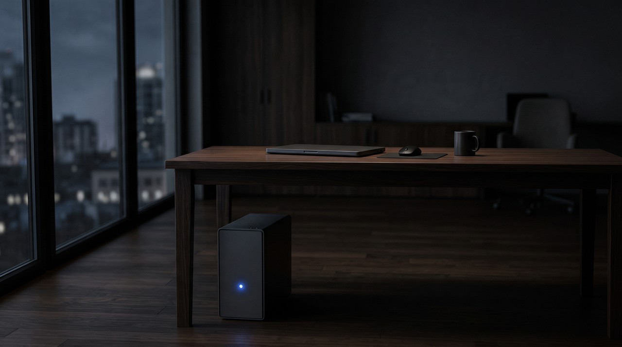 A desktop computer under a desk at night with a blue power light on and a closed laptop above