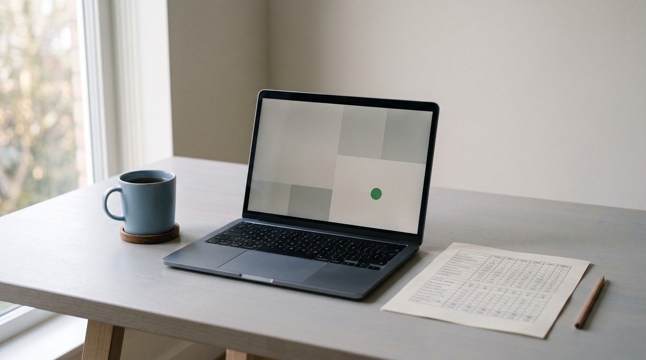 An open laptop on a pale desk in morning light beside a printed table and a mug of tea