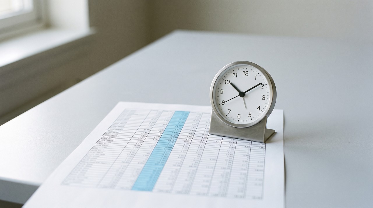 A small desk clock standing on a printed spreadsheet with one column highlighted in blue