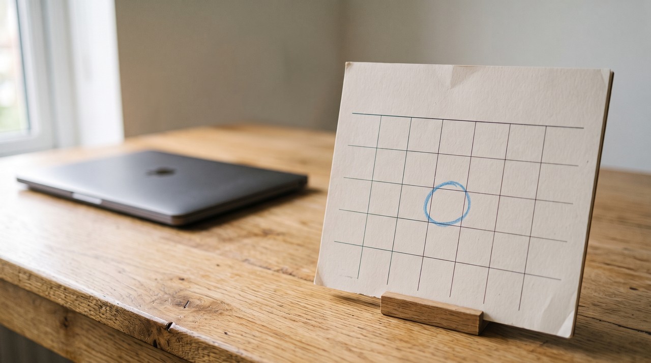 A blank paper calendar grid on a wooden stand with one day circled in blue pencil, a closed laptop behind it on the desk