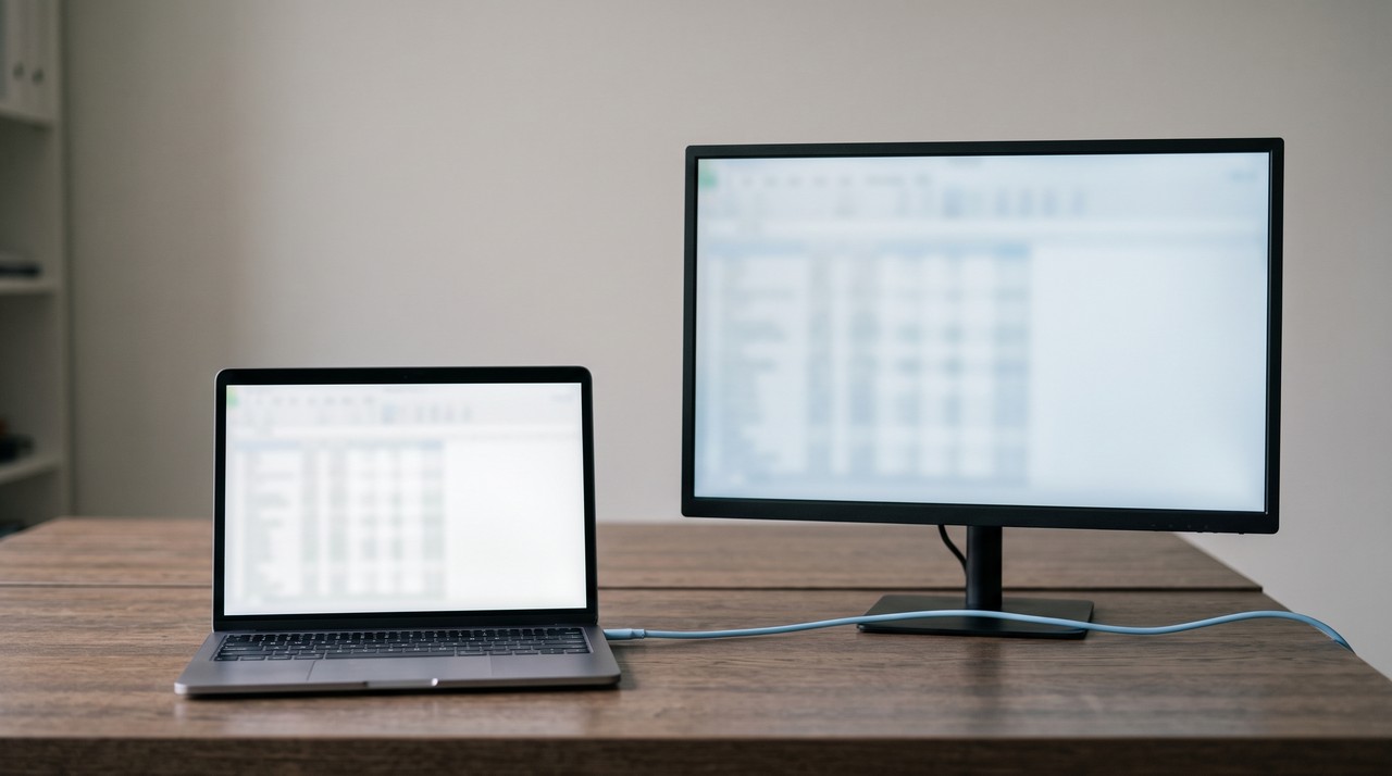A laptop and a desktop monitor on a wooden desk, both showing a blurred spreadsheet, joined by a thin pale blue cable