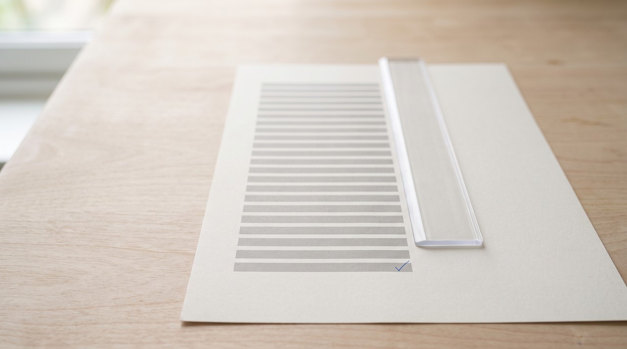 A clear ruler lying along a printed column of rows, stopping one row short of the last one
